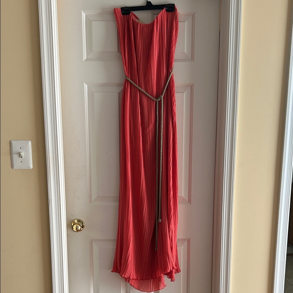 Coral Pleated Maxi Dress with Rope Belt
